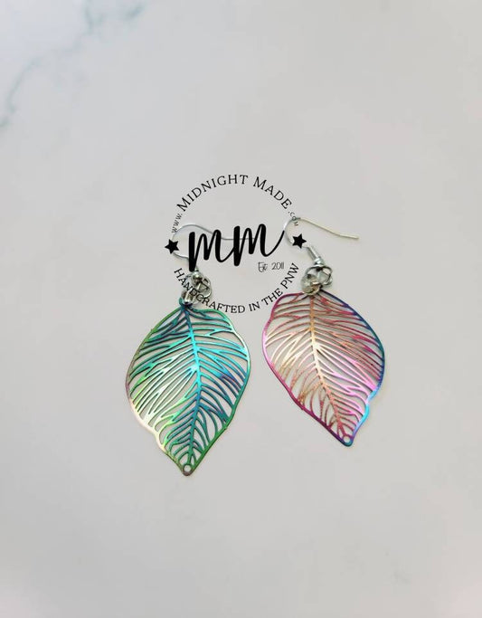 Shimmer Shiny Rainbow Tropical Leaf Earrings with Gold