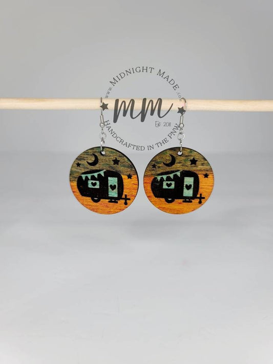 Camping Camper Wood hand painted dangle Earrings Midnight Made