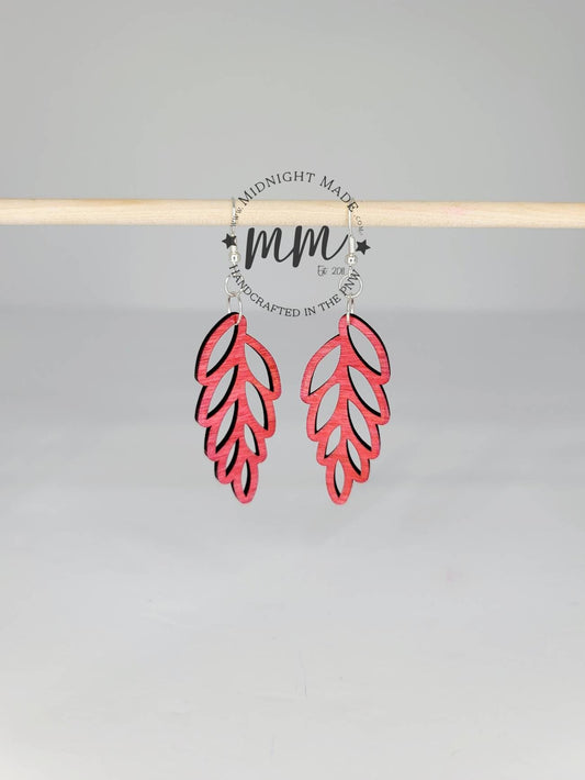 Pink floral leaf wood hand painted Tropical Leaf Earrings