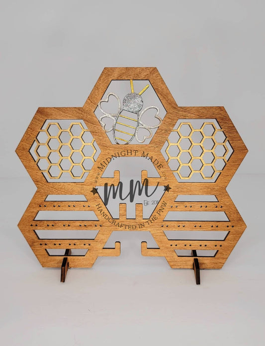 Jewelry Holder Honeycomb Honey Bee wood hand painted Earring Display