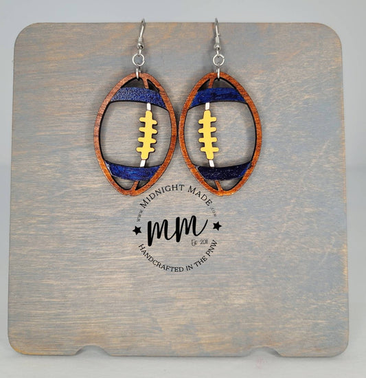 Wood Football earrings NFL team spirit tackle football school team Midnight Made. Navy yellow Team