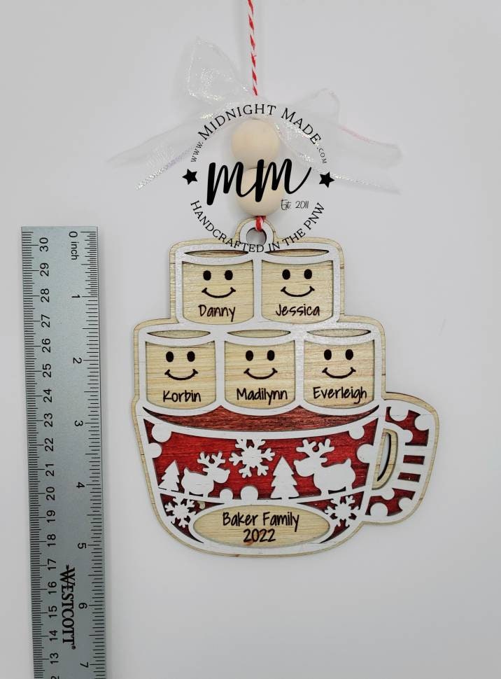 Hot cocoa Coffee Cup Marshmallow 2022 Family Ornament Wood Christmas tree ornament Midnight Made