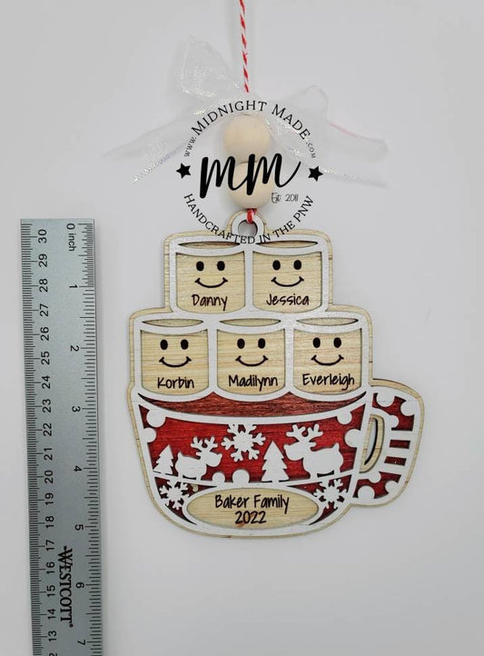 Hot cocoa Coffee Cup Marshmallow 2022 Family Ornament Wood Christmas tree ornament Midnight Made