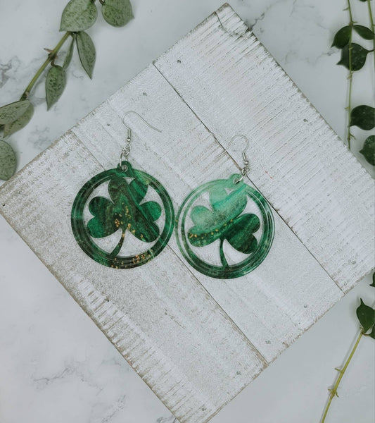 Green Gold Shamrock Dangle Earrings, St Patrick's Day