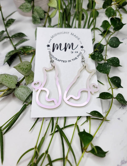Kitty cat holographic iridescent white kitten heart tail Dangle drop Earrings