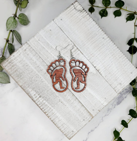 Bigfoot Footprint Wood dangle drop earrings lightweight Midnight Made