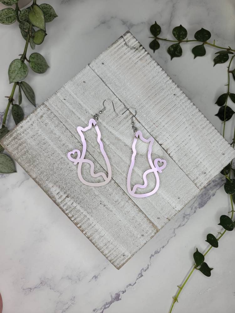 Kitty cat holographic iridescent white kitten heart tail Dangle drop Earrings