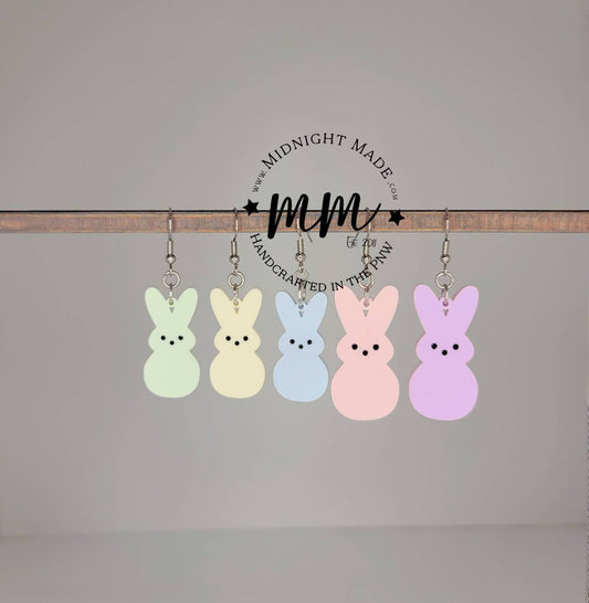 Peep Easter Earrings. Marshmallow bunny drop dangle earrings. Midnight Made Easter