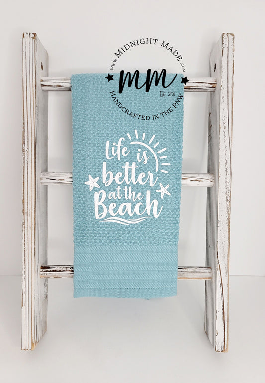 Life is better at the Beach decor, funny camp vacation towel decor Midnight Made