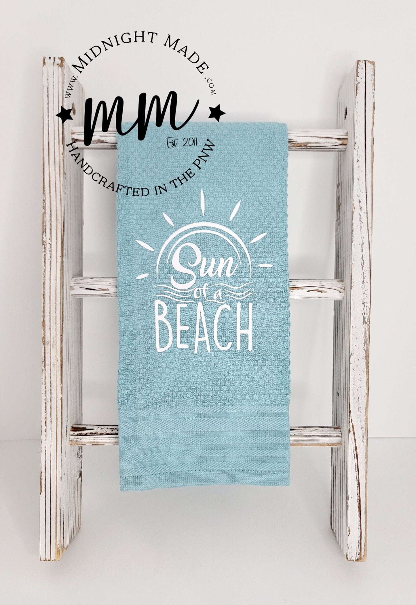 Sun of a Beach kitchen towel snarky decor, funny cabin camp vacation towel decor Midnight Made