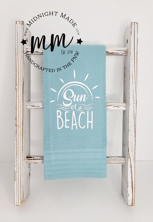 Sun of a Beach kitchen towel snarky decor, funny cabin camp vacation towel decor Midnight Made