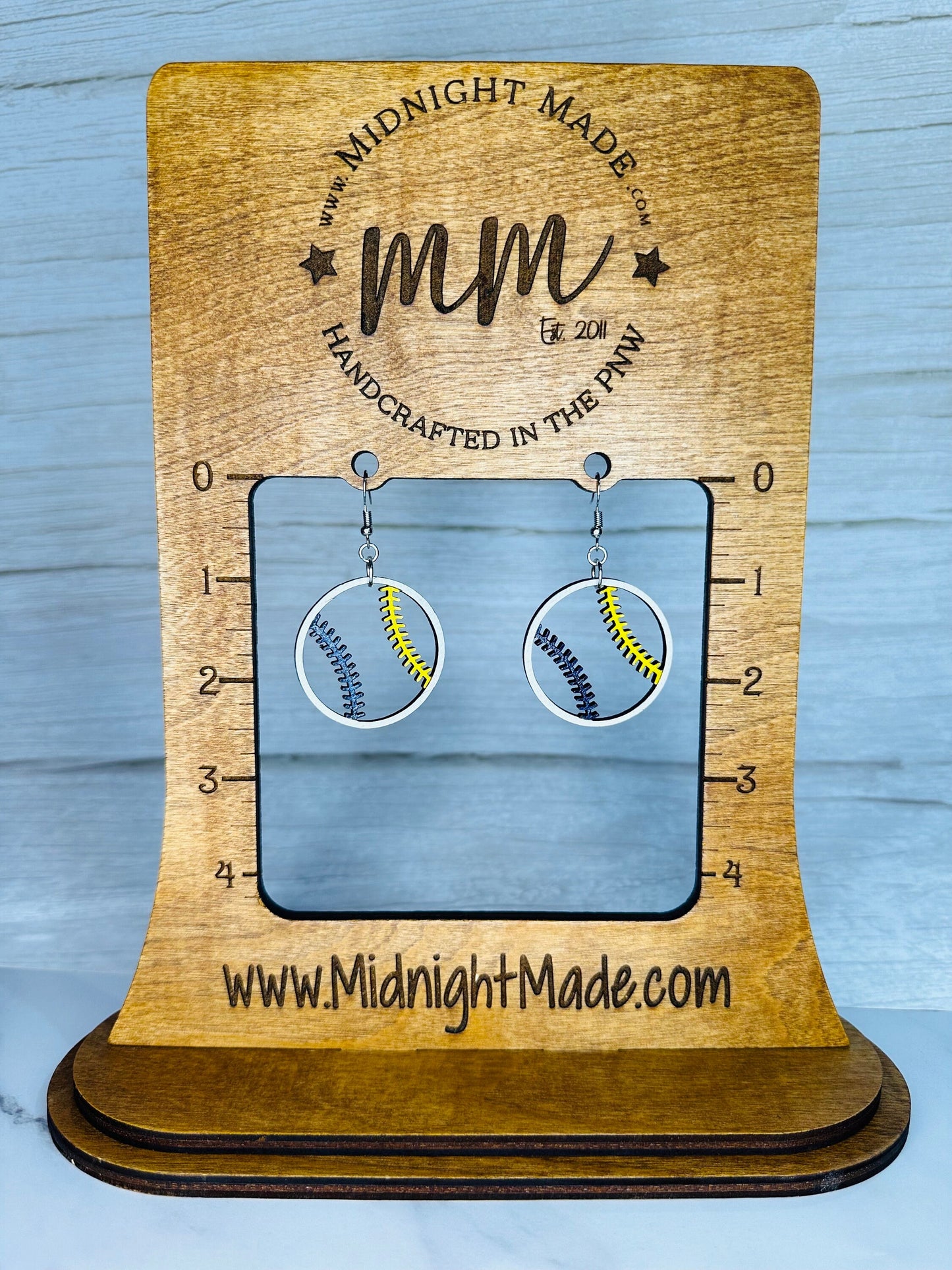 Baseball wood, hand painted, vegan earrings Midnight Made, custom colors, personalized team