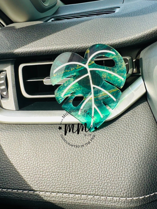 Monstera Philodendeon plant lead air vent diffuser. Suncatcher air freshener, essential oil car scents.