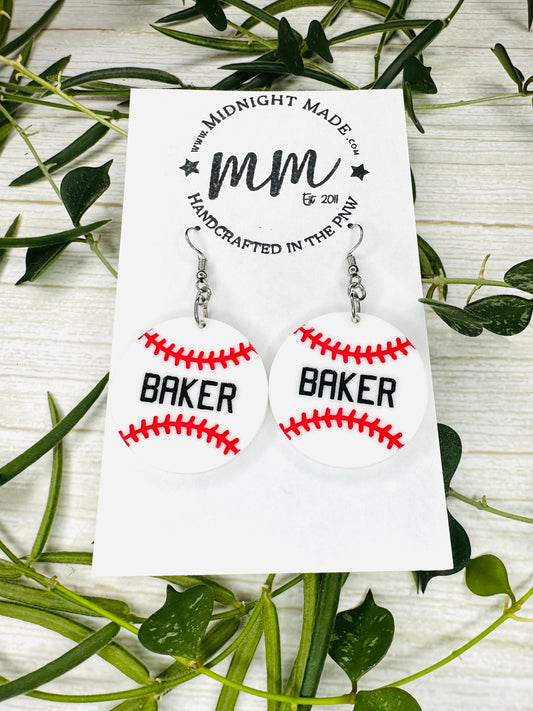 Baseball Earrings. Custom name  or player number. Lightweight. Cute. Midnight Made