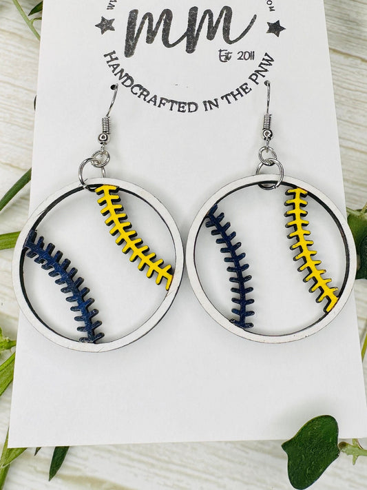 Baseball wood, hand painted, vegan earrings Midnight Made, custom colors, personalized team