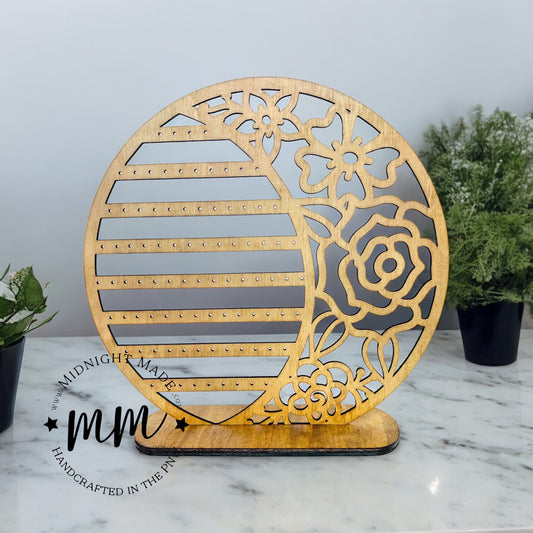 Floral Moon Earring and Jewelry Holder.  Wood, hand painted Earring Display