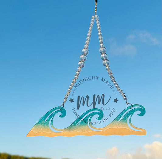 Wave Suncatcher, Sand and wave wall hanging window spinning mandala iridescent rainbow decor