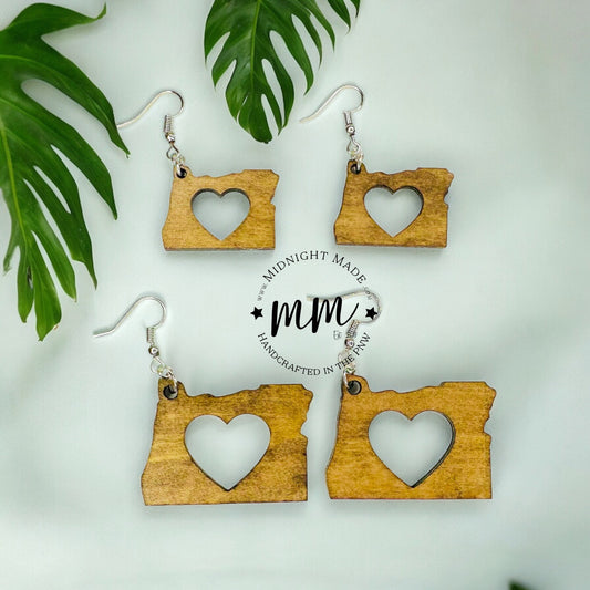 Oregon State Shape wood earrings  Midnight Made, handmade light weight Portland, OR earrings with heart cutout
