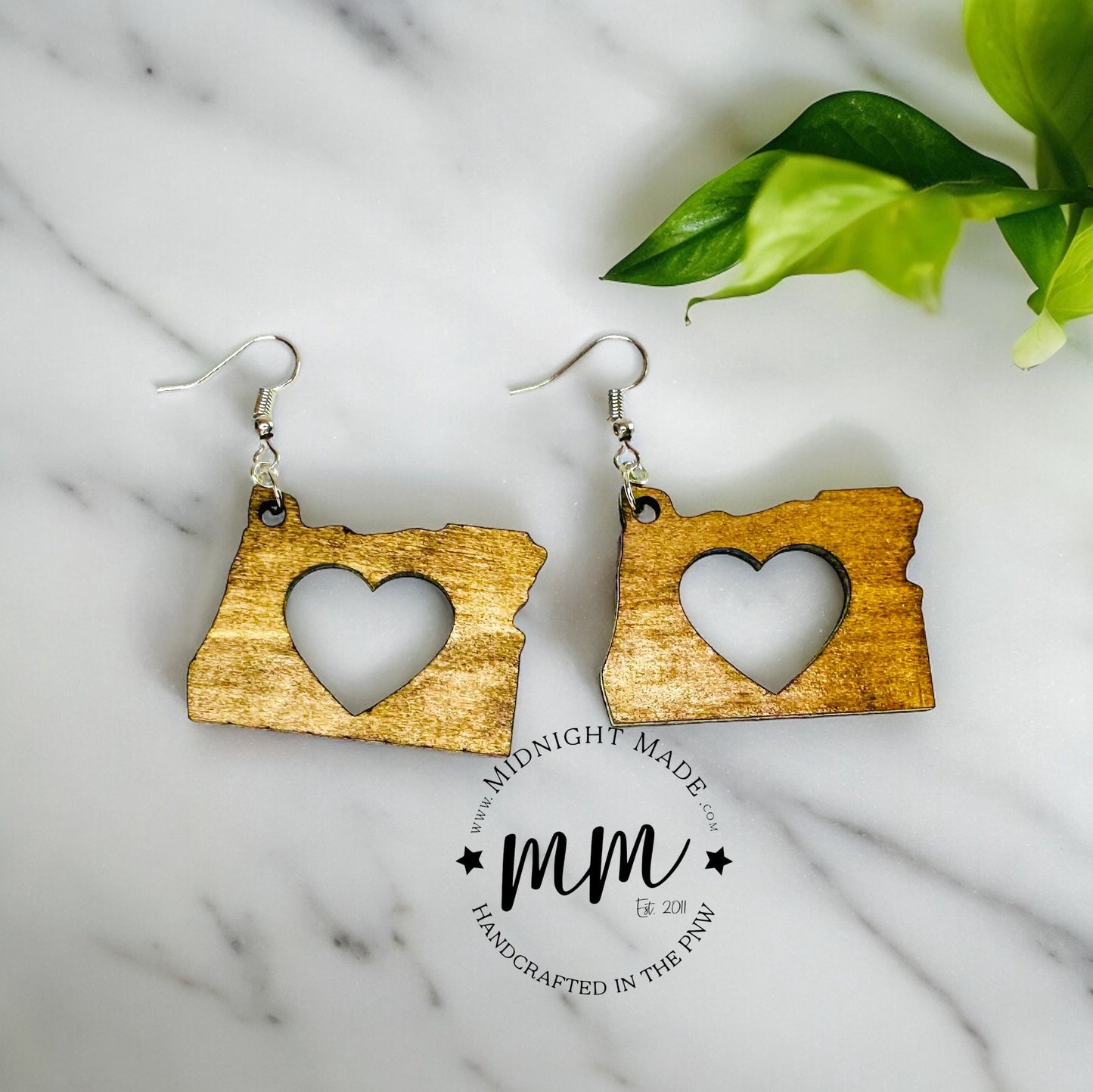 Oregon State Shape wood earrings  Midnight Made, handmade light weight Portland, OR earrings with heart cutout