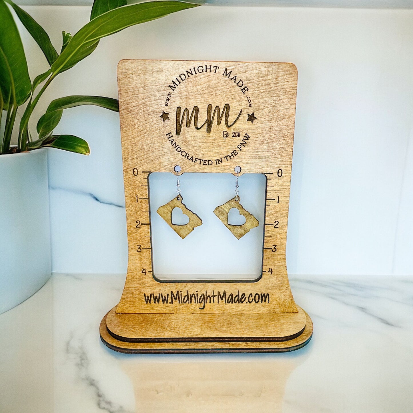 Oregon State Shape wood earrings  Midnight Made, handmade light weight Portland, OR earrings with heart cutout