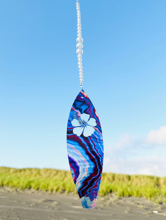 Surfboard Suncatcher wall hanging window spinning mandala iridescent rainbow decor surfer, surfs up