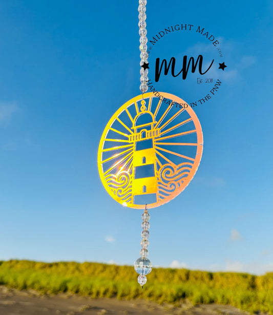 Light House Suncatcher wall hanging window spinning mandala iridescent rainbow decor