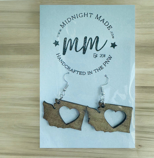 Washington State Shape wood earrings  Midnight Made light weight Seattle, WA earrings