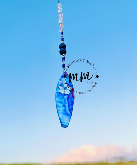 Surf Board Car Charm diffuser. Surfer air freshener, essential oil car scents. Surfs up