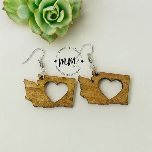Washington State Shape wood earrings  Midnight Made, handmade light weight Seattle, WA earrings with heart cutout