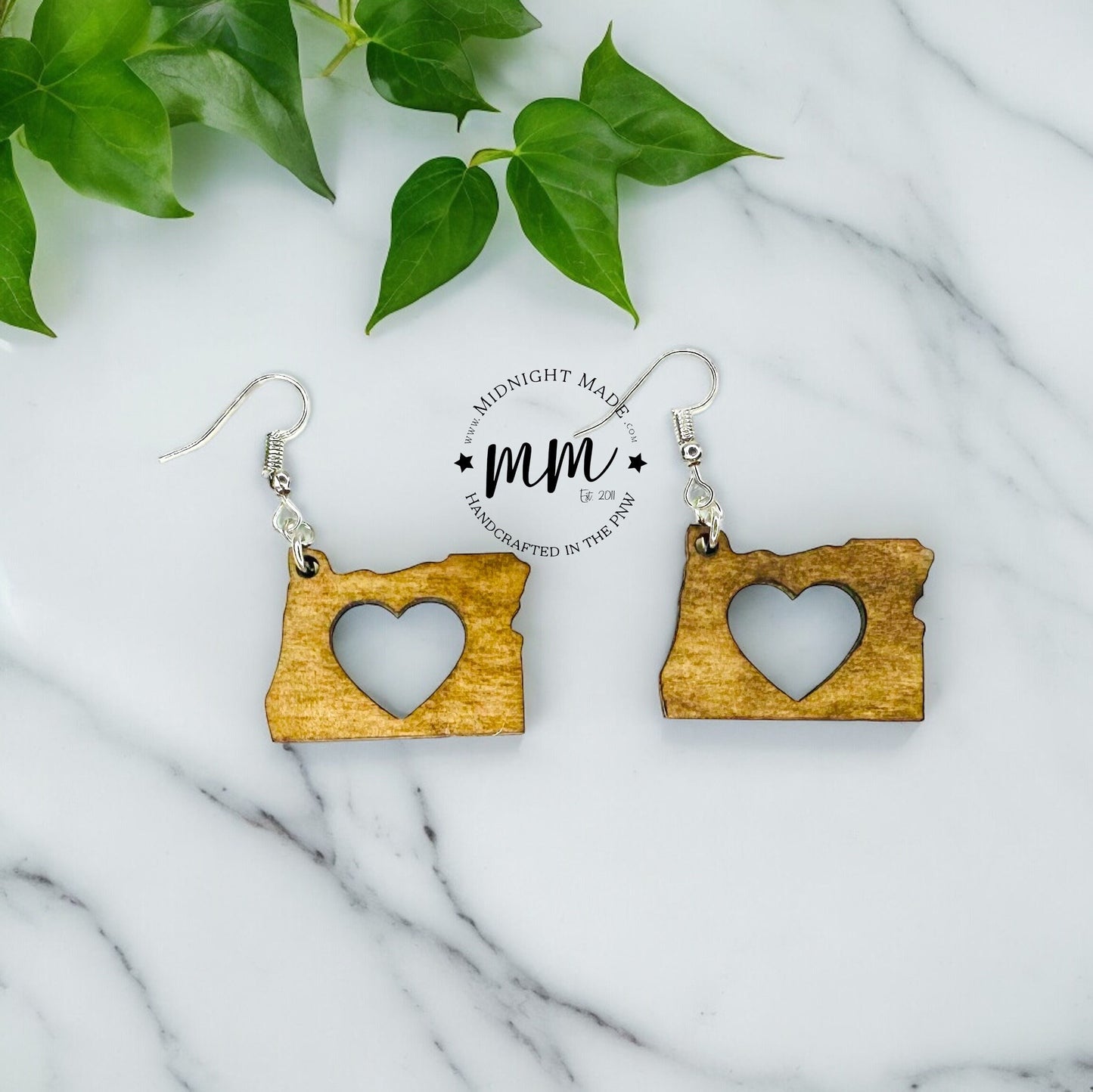 Oregon State Shape wood earrings  Midnight Made, handmade light weight Portland, OR earrings with heart cutout