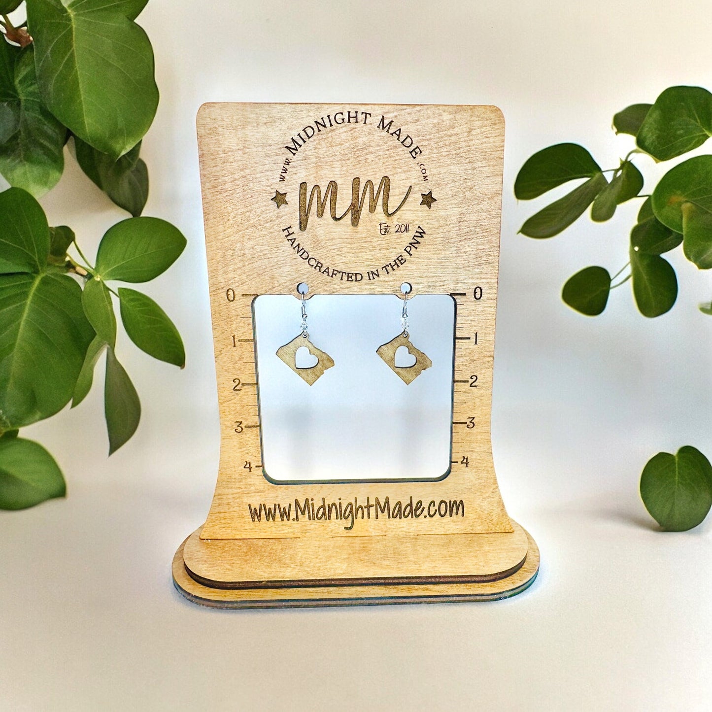 Oregon State Shape wood earrings  Midnight Made, handmade light weight Portland, OR earrings with heart cutout