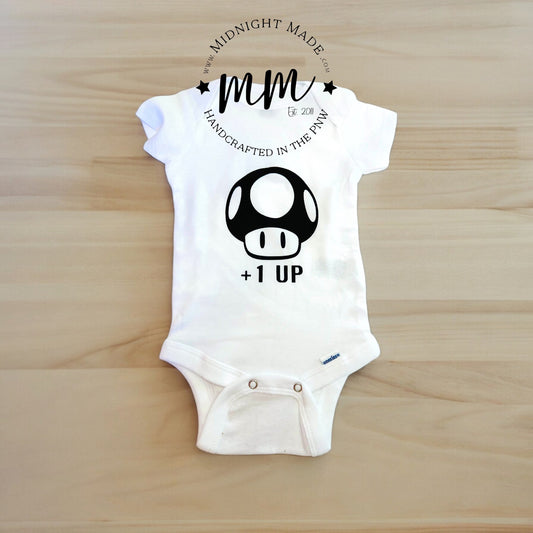 Mushroom, Super Mario Theme Baby Bodysuit, One Piece, One UP, Newborn Baby shower gift, nursery gift