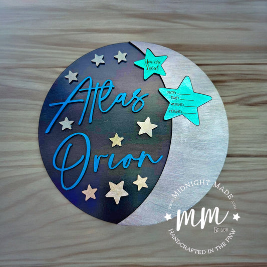 Galaxy Moon Star Newborn Nursery Stat Sign, decor