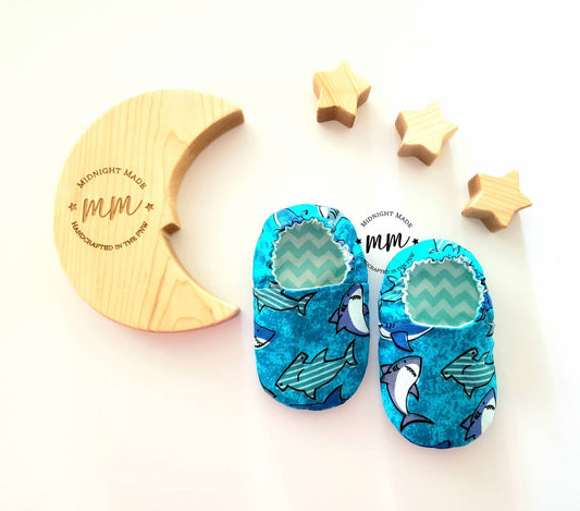Soft soled baby crib shoes moccasins mocs slippers sharks Midnight Made