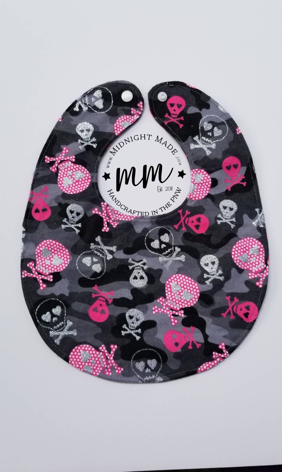 Double sided REVERSIBLE baby bib, shimmer skulls pink stars toddler children's Bib Midnight Made