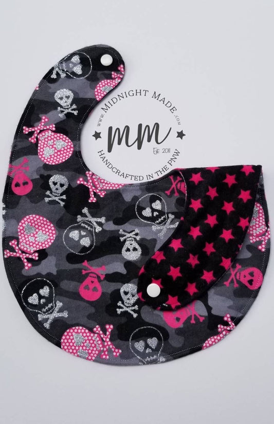 Double sided REVERSIBLE baby bib, shimmer skulls pink stars toddler children's Bib Midnight Made