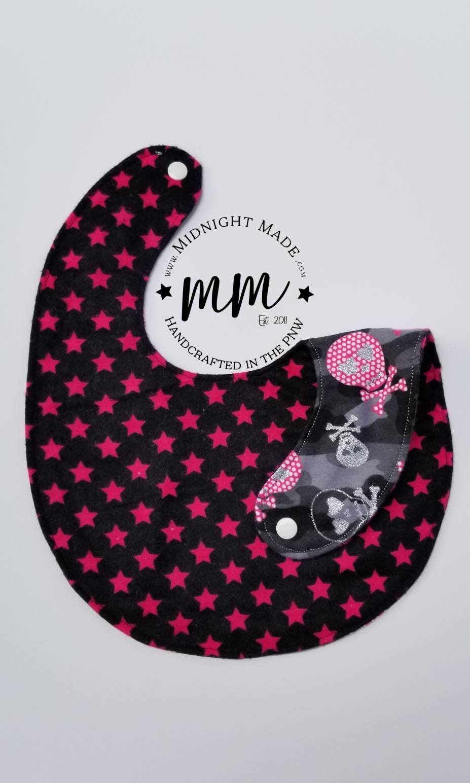 Double sided REVERSIBLE baby bib, shimmer skulls pink stars toddler children's Bib Midnight Made