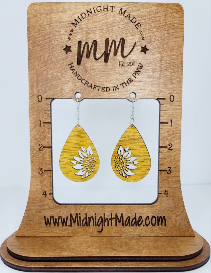 Wood Sunflower Summer Dangle golden yellow Sunflower Earrings Midnight Made wood